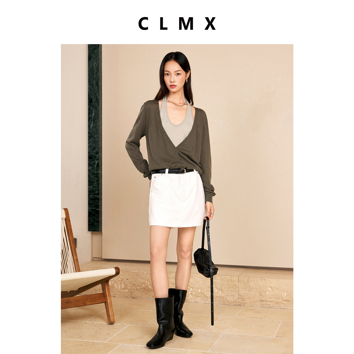 CLMX绵羊毛U领挂脖女针织衫