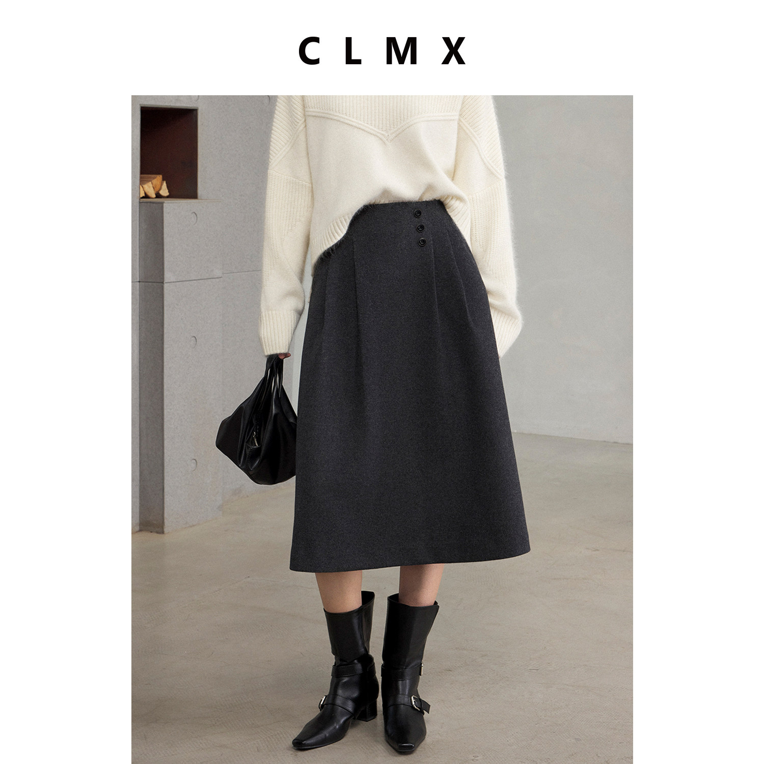 CLMX重磅羊毛混纺复合斜纹短毛呢挺阔有型显瘦复古简约A字半身裙