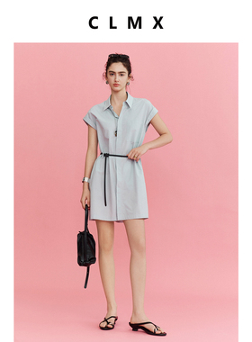 CLMX纯色简约配腰带裙子亲肤细腻轻垂80支平纹棉料衬衫连衣裙女
