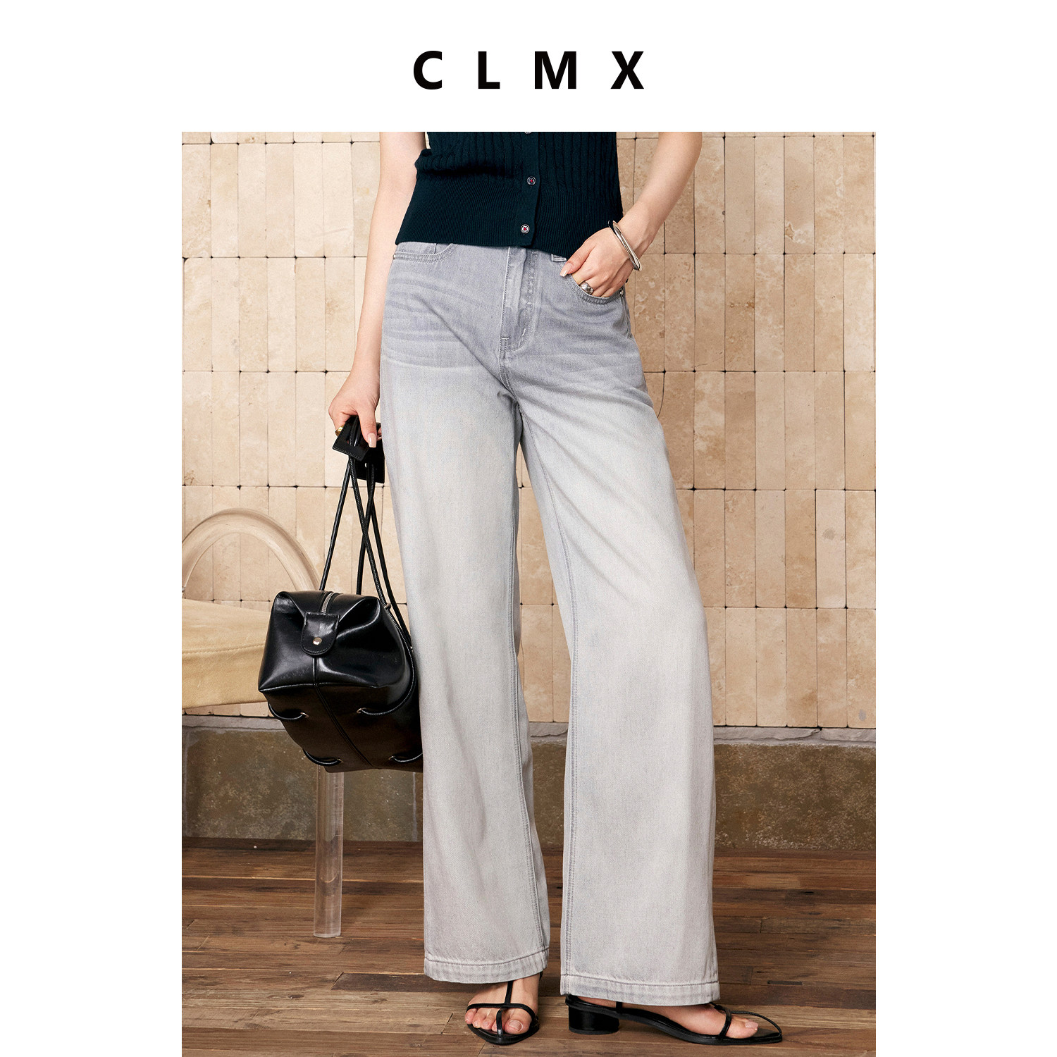 CLMX灰色莱赛尔棉女直筒牛仔裤
