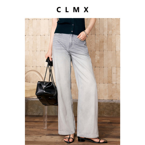 CLMX灰色莱赛尔棉女直筒牛仔裤