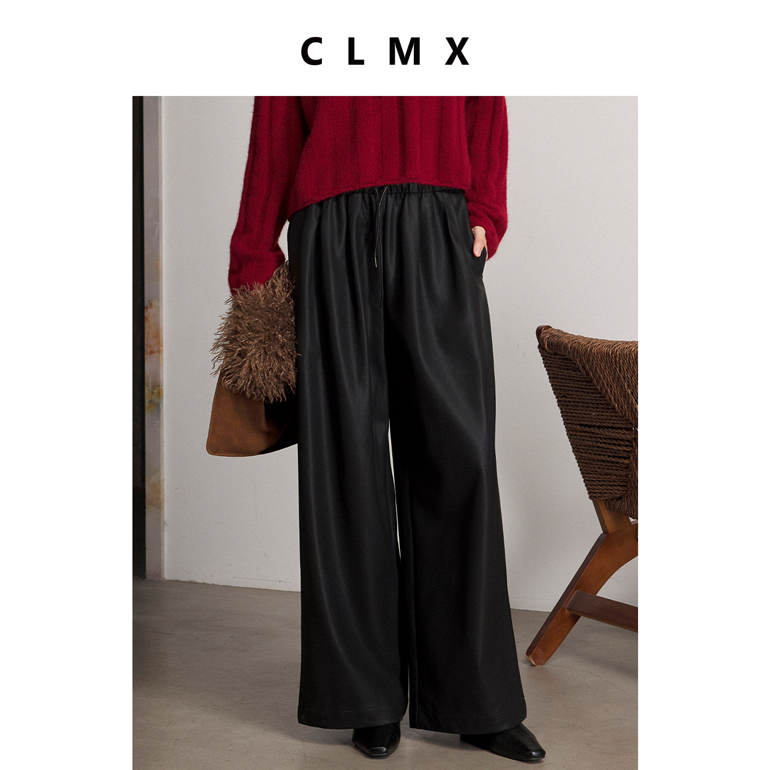 CLMX复古光泽感人造PU皮挺阔老钱风直筒皮裤显瘦高阔腿长裤