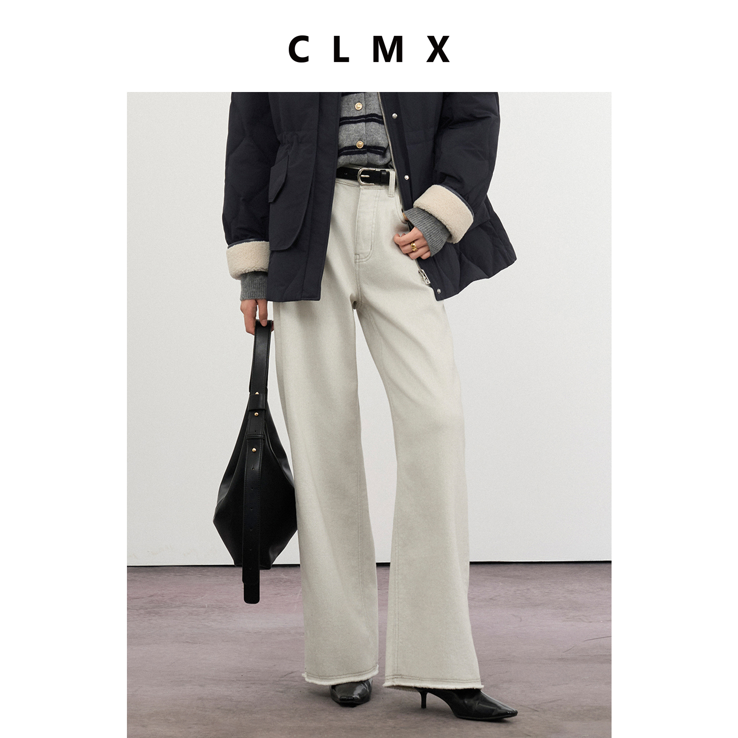 CLMX随性毛边加厚抓绒直筒裤子四面微弹斜纹棉混纺面料牛仔裤女