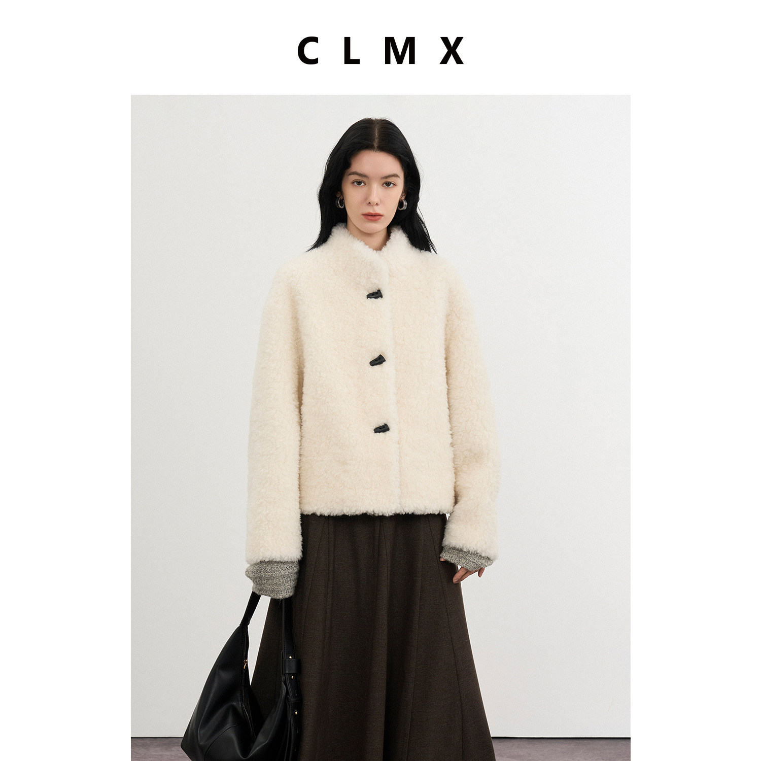 CLMX时髦减龄保暖立领外套100%绵羊毛秋冬简约通勤上衣女