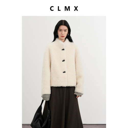 CLMX时髦减龄保暖立领外套100%绵羊毛秋冬简约通勤上衣女