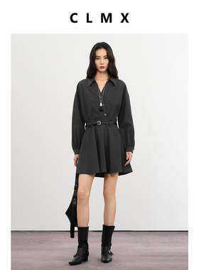CLMX翻领半开襟连衣裙色织混纺斜纹单面磨毛面料秋冬通勤收腰裙子
