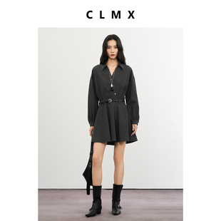 CLMX翻领半开襟连衣裙色织混纺斜纹单面磨毛面料秋冬通勤收腰裙子