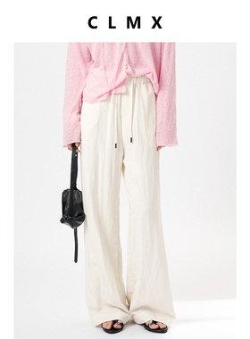 CLMX夏季简约通勤宽松阔腿裤子雾光感亲肤锦混纺面料抽绳直筒裤女
