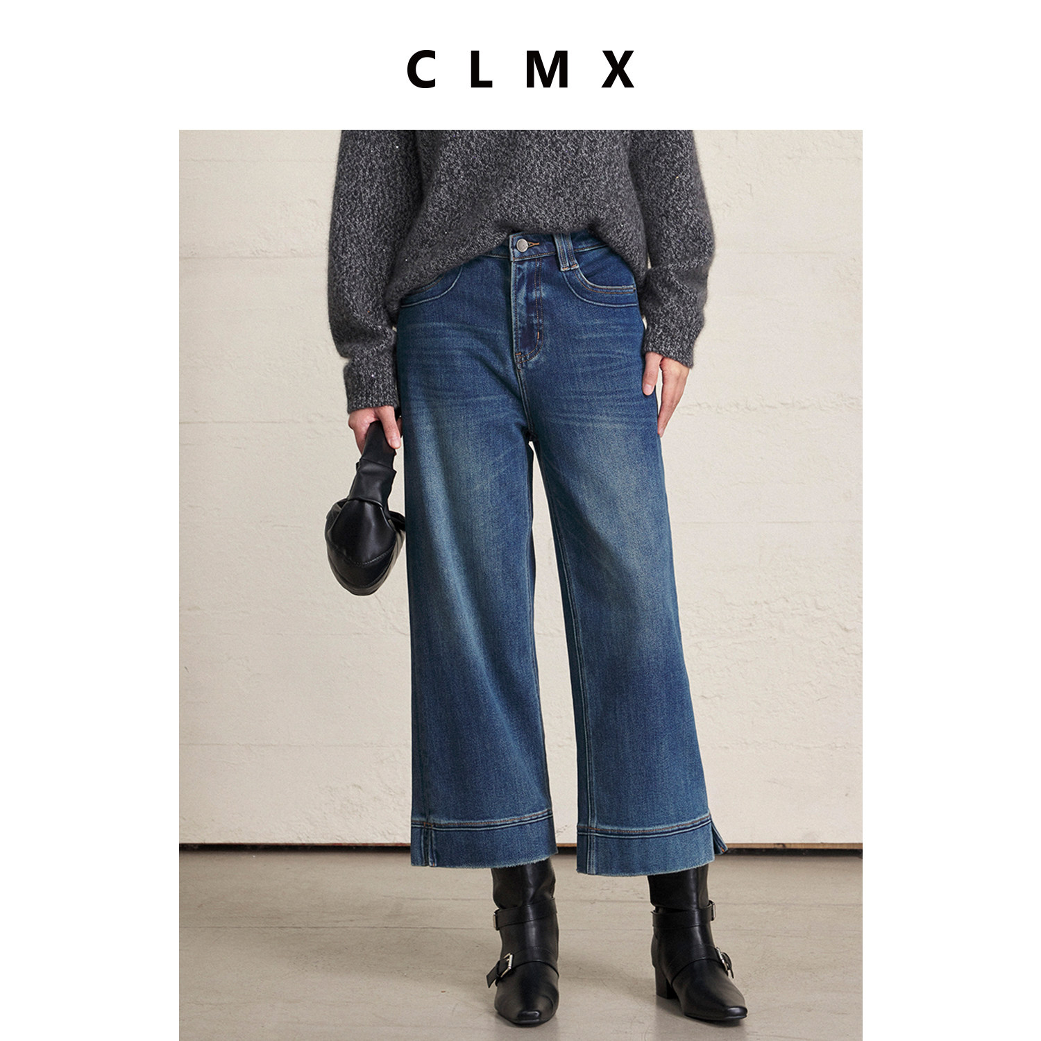 CLMX反面加绒微弹莱赛尔棉斜纹牛仔复古脚口开叉直筒九分牛仔裤