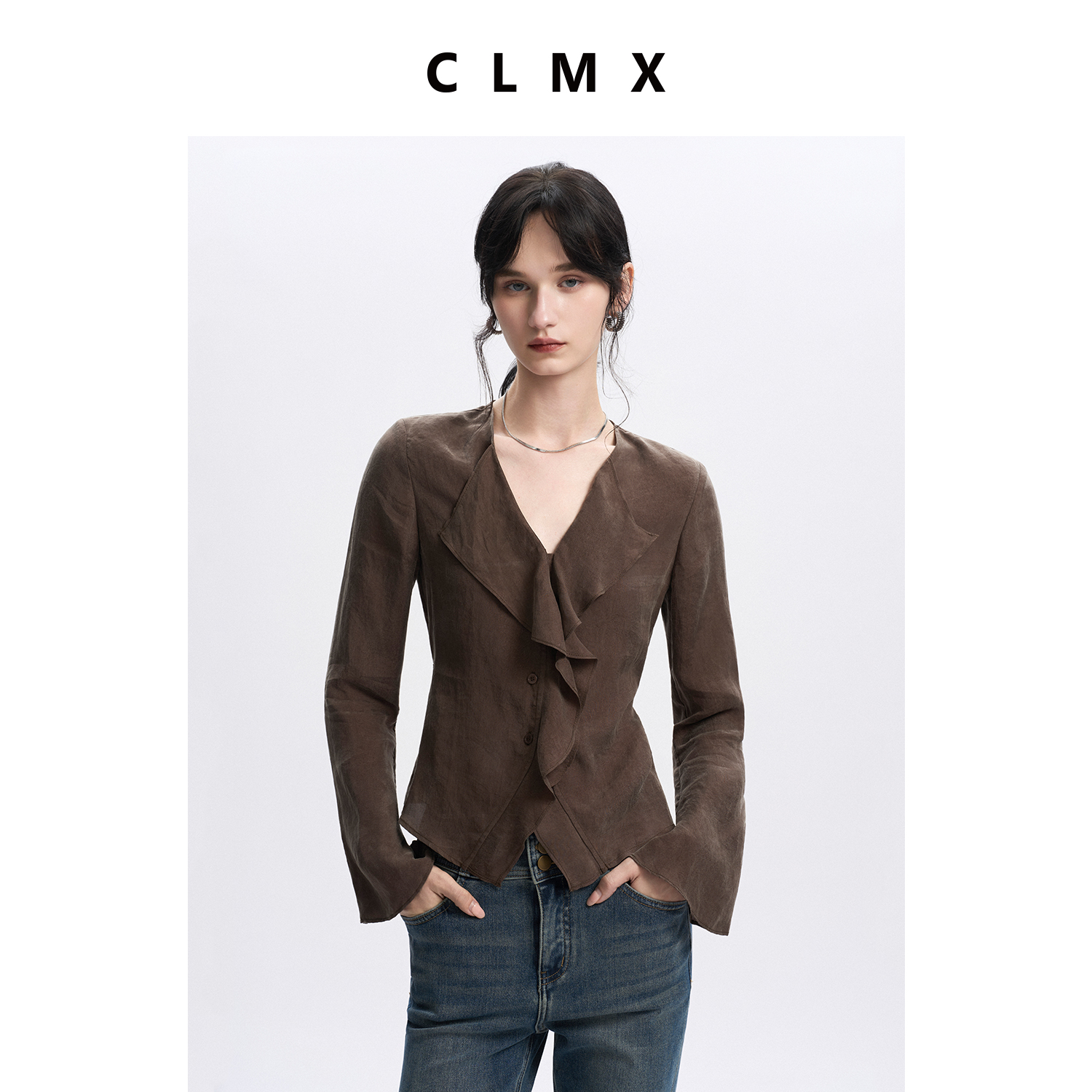 CLMX复古荷叶边V领长袖开襟衬衫水洗做旧风格铜氨面料通勤上衣女
