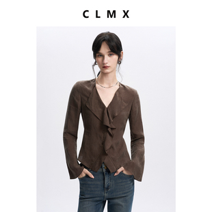 CLMX复古荷叶边V领长袖开襟衬衫水洗做旧风格铜氨面料通勤上衣女