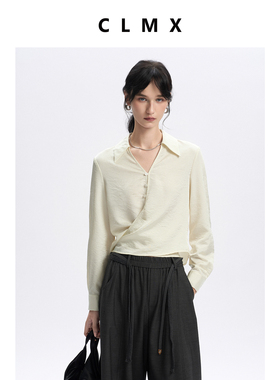 CLMX环腰绑带翻领开襟长袖衬衫雾光缎面压皱平纹锦纶混纺面料上衣