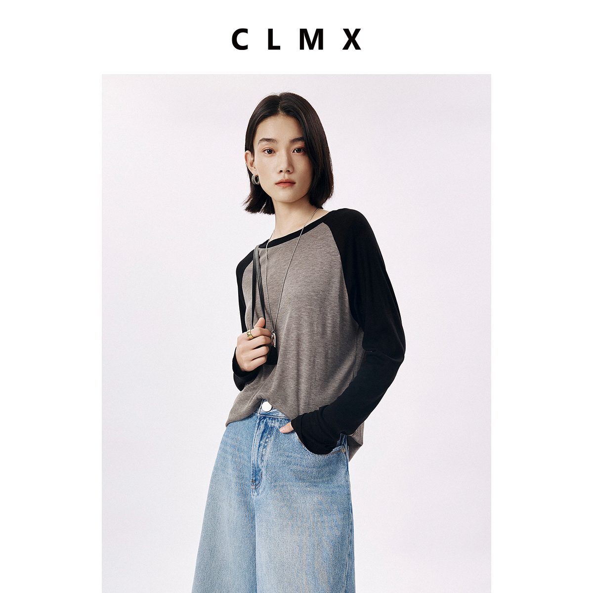 CLMX呼吸感高弹莱赛尔丝纱面料 时髦通勤风圆领撞色插肩袖针织衫