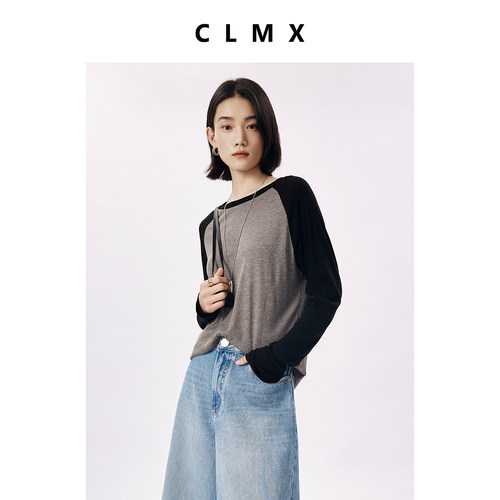 CLMX呼吸感高弹莱赛尔丝纱面料 时髦通勤风圆领撞色插肩袖针织衫