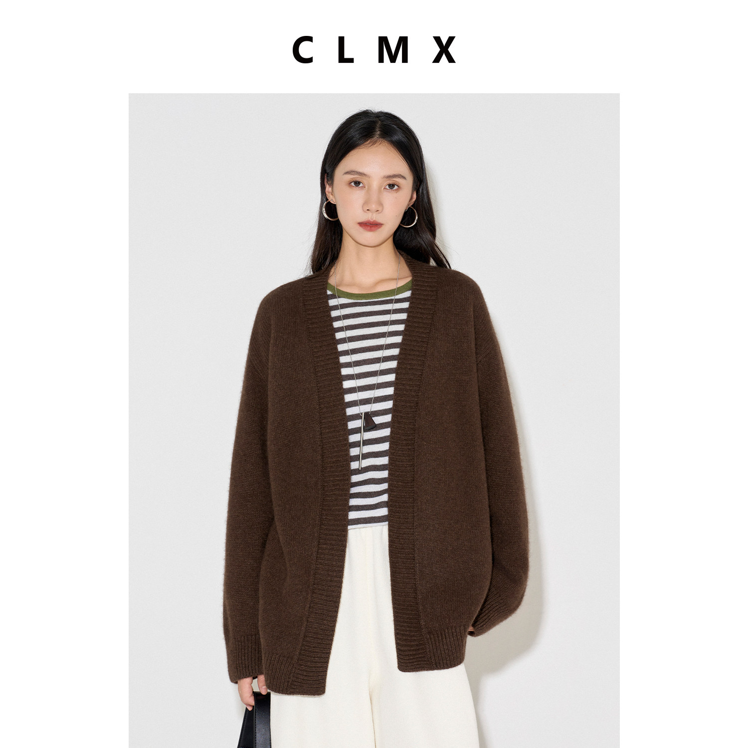 CLMX秋季简约宽松长袖针织开衫牦牛绒绵羊毛混纺面料时尚V领上衣