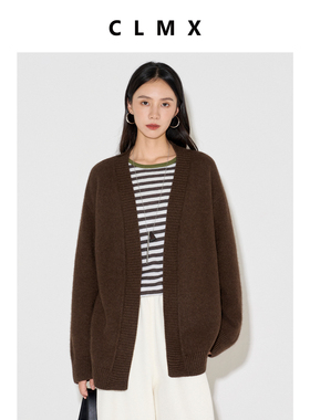 CLMX秋季简约宽松长袖针织开衫牦牛绒绵羊毛混纺面料时尚V领上衣