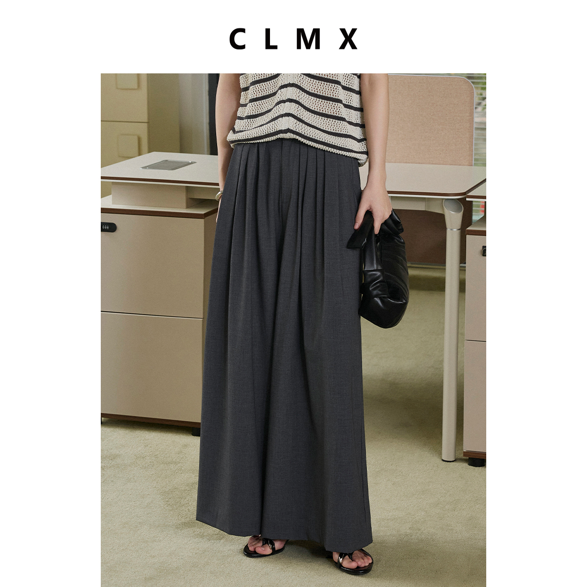 CLMX十字纹肌理丝羊毛混纺面料 随性松弛感立体压褶宽松阔腿裤