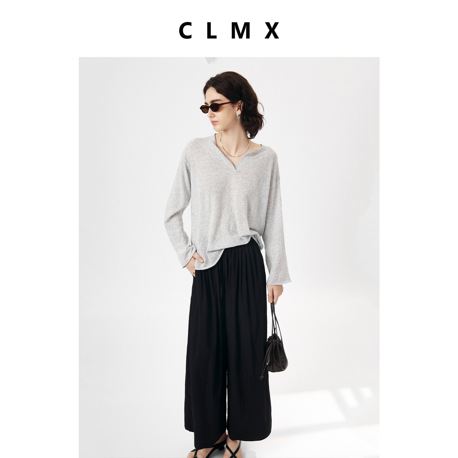 CLMX夏季简约通勤宽松直筒裤轻盈锦混纺平纹面料抽绳九分裤