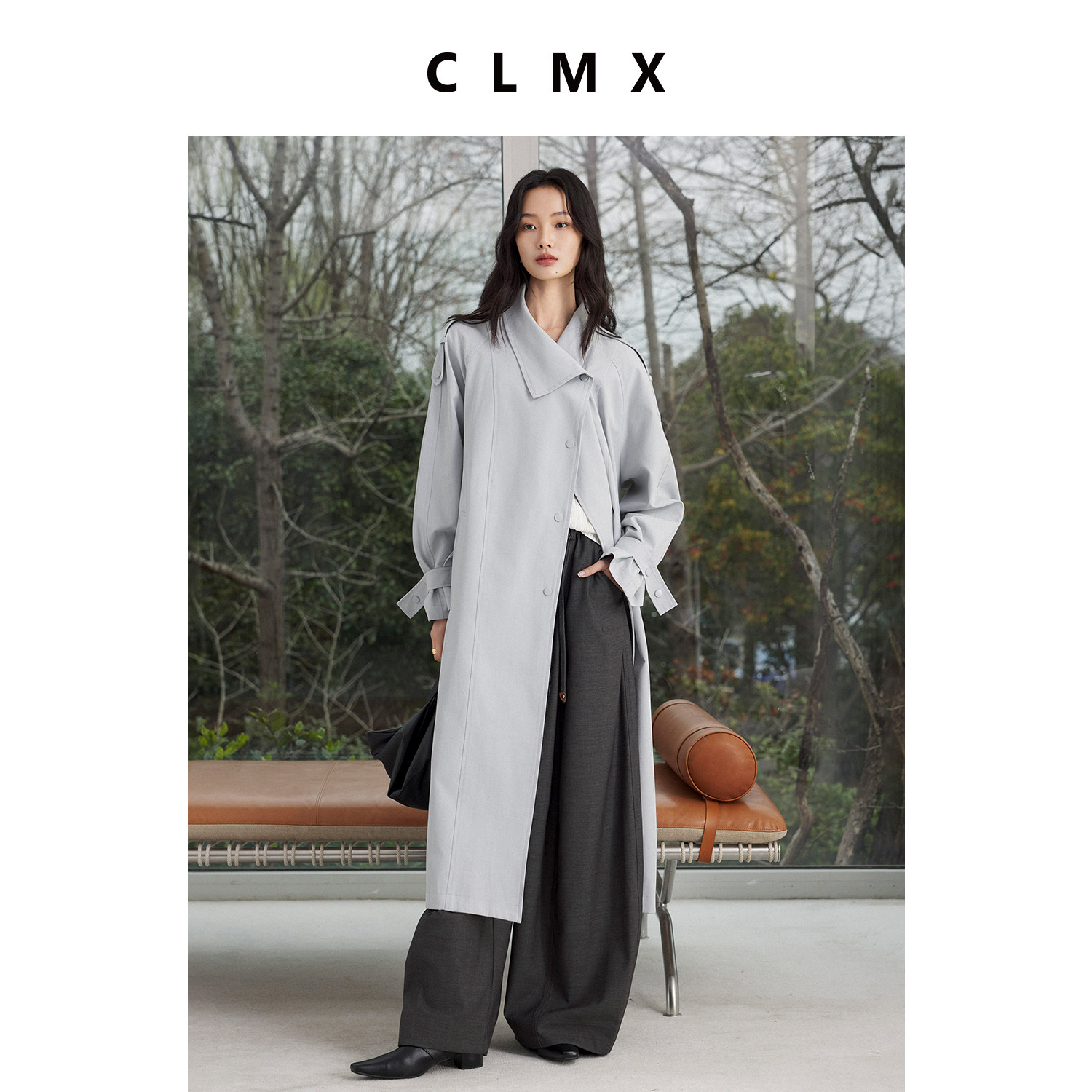 CLMX垂坠棉莱赛尔风衣面料春季翻立领开襟女长袖长款风衣外套