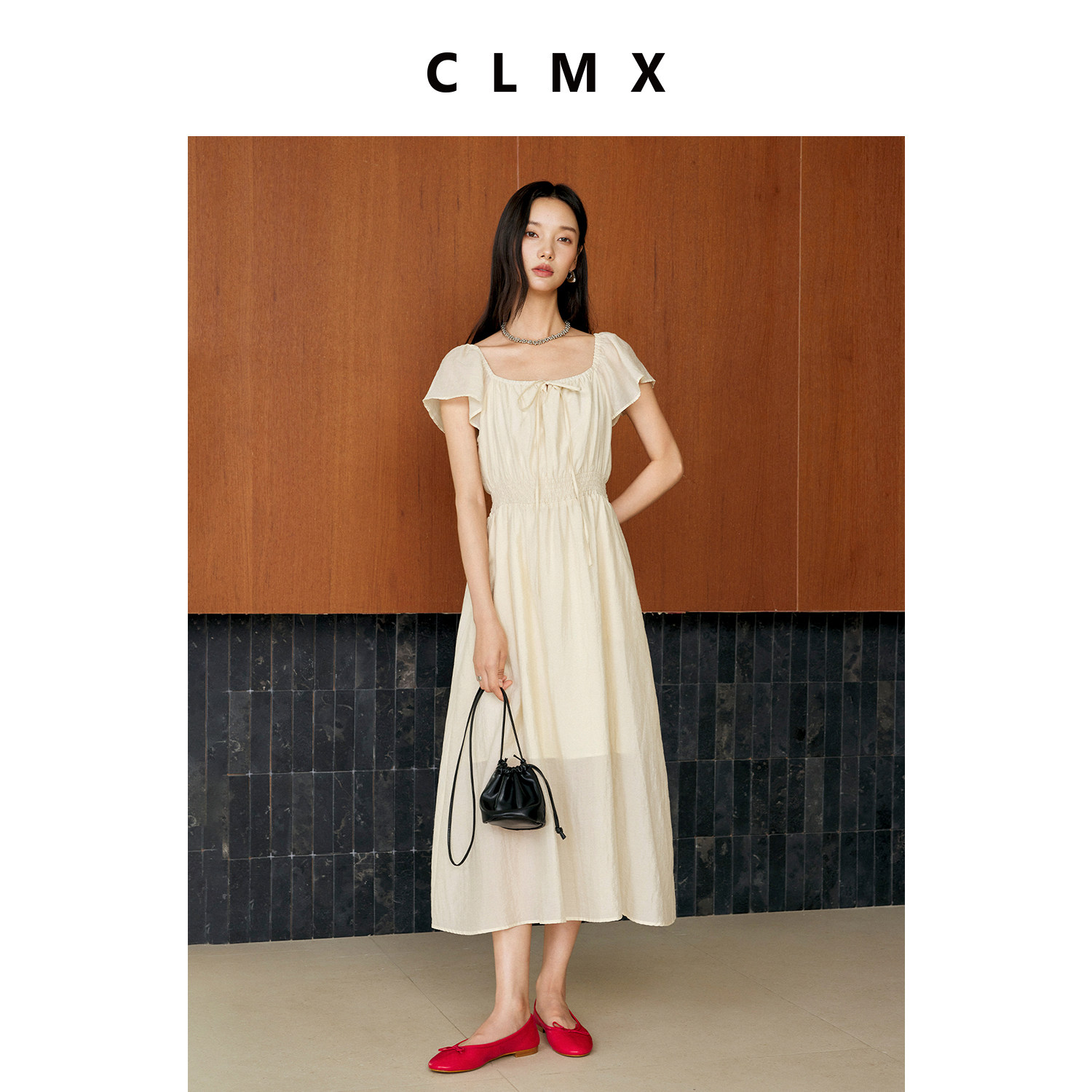 CLMX法式方领荷叶袖收腰连衣裙
