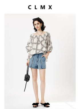 CLMX一字领简约通勤衬衫线描草绳印花莱赛尔亚麻混纺面料压褶上衣