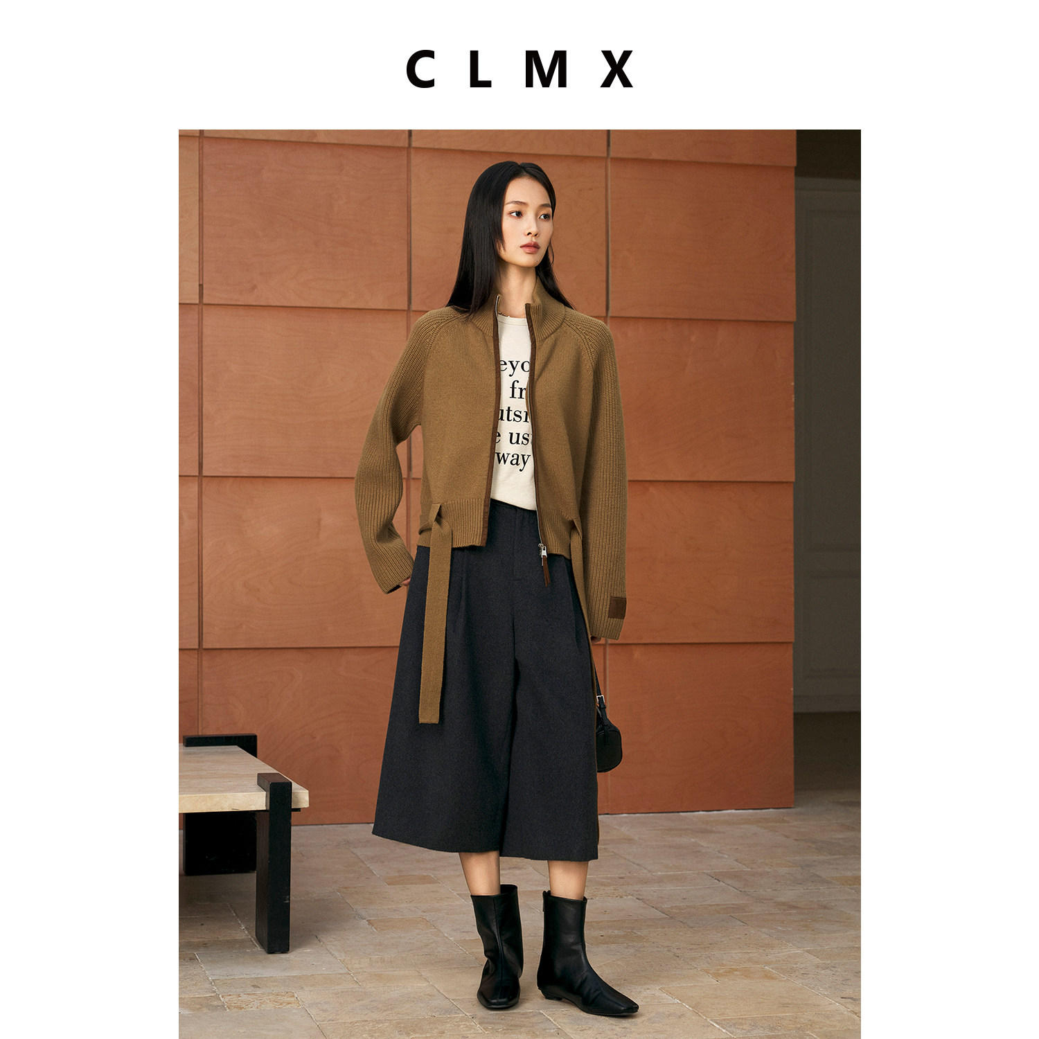 CLMX绵羊毛立领系带针织衫女