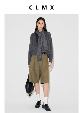 CLMX复古老钱风花呢压褶阔腿五分裤羊毛混纺休闲裤子女