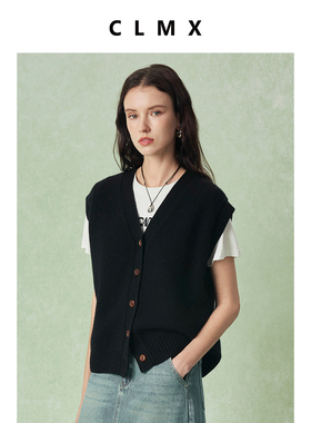 CLMX定纺高支高密羊毛羊绒纱线宽松落肩箱型叠穿风V领开衫马甲
