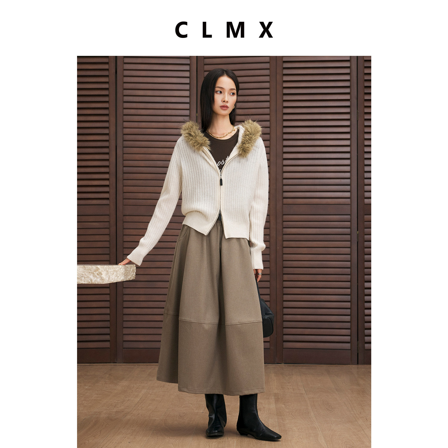CLMX绵羊毛可拆毛领连帽针织衫
