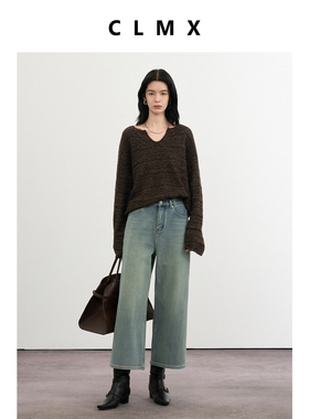 CLMX直筒九分牛仔裤加厚保暖抓绒棉莱赛尔斜纹面料秋冬休闲长裤女