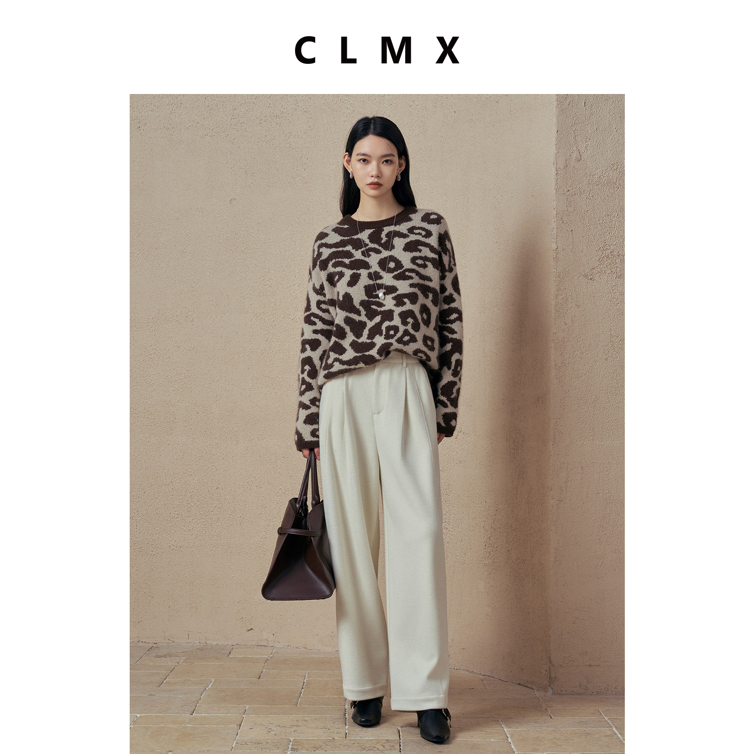 CLMX兔毛羊绒混纺纱套头针织衫美拉德色系圆领落肩宽松豹纹毛衣