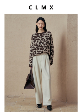 CLMX羊毛混纺纱套头针织衫美拉德色系圆领落肩宽松毛衣