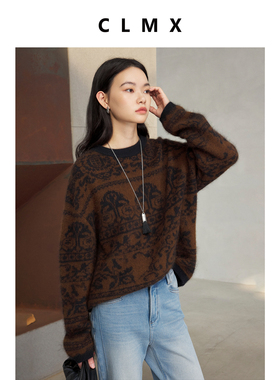 CLMX亲肤绒感羊毛混纺纱上衣复古植物纹样提花圆领宽松毛衣女