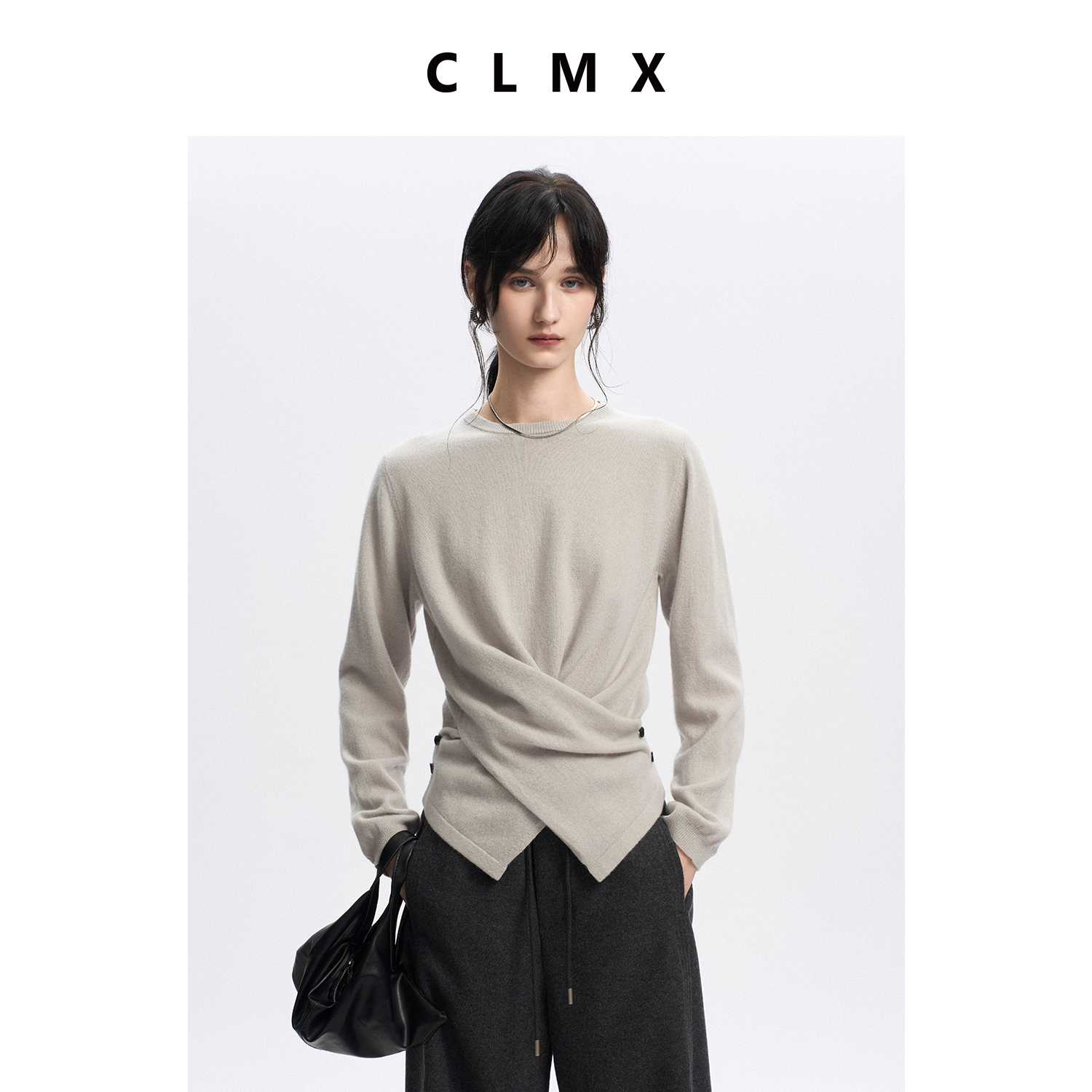CLMX圆领前开叉交叠扣上衣软糯亲肤100%羊毛纱线面料休闲针织衫女