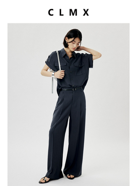 CLMX夏季工装风两件套莱赛尔亚麻混纺面料贴袋短袖上衣/压褶长裤