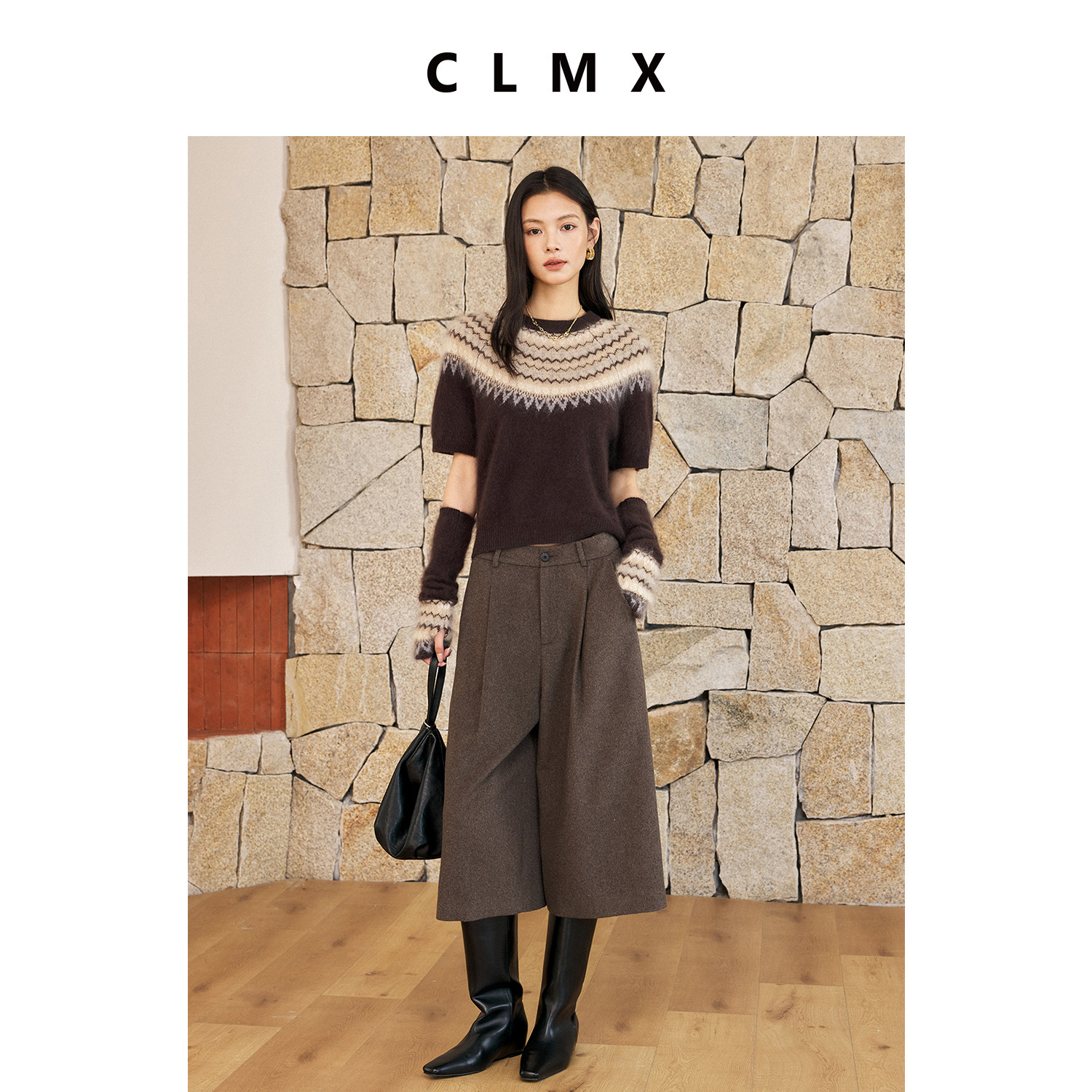 CLMX绵羊毛费尔岛花苞袖针织衫