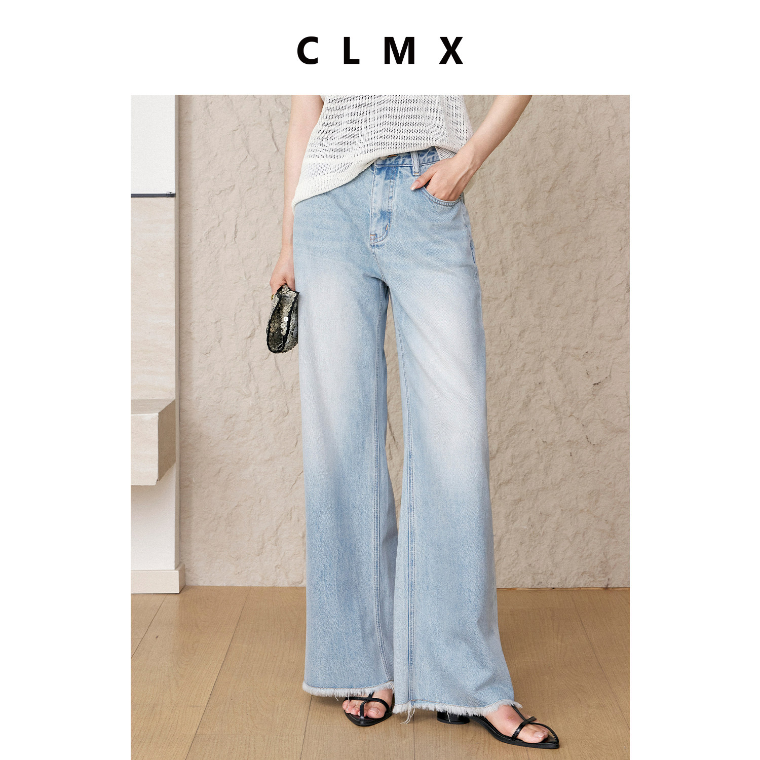 CLMX女复古毛边直筒牛仔裤