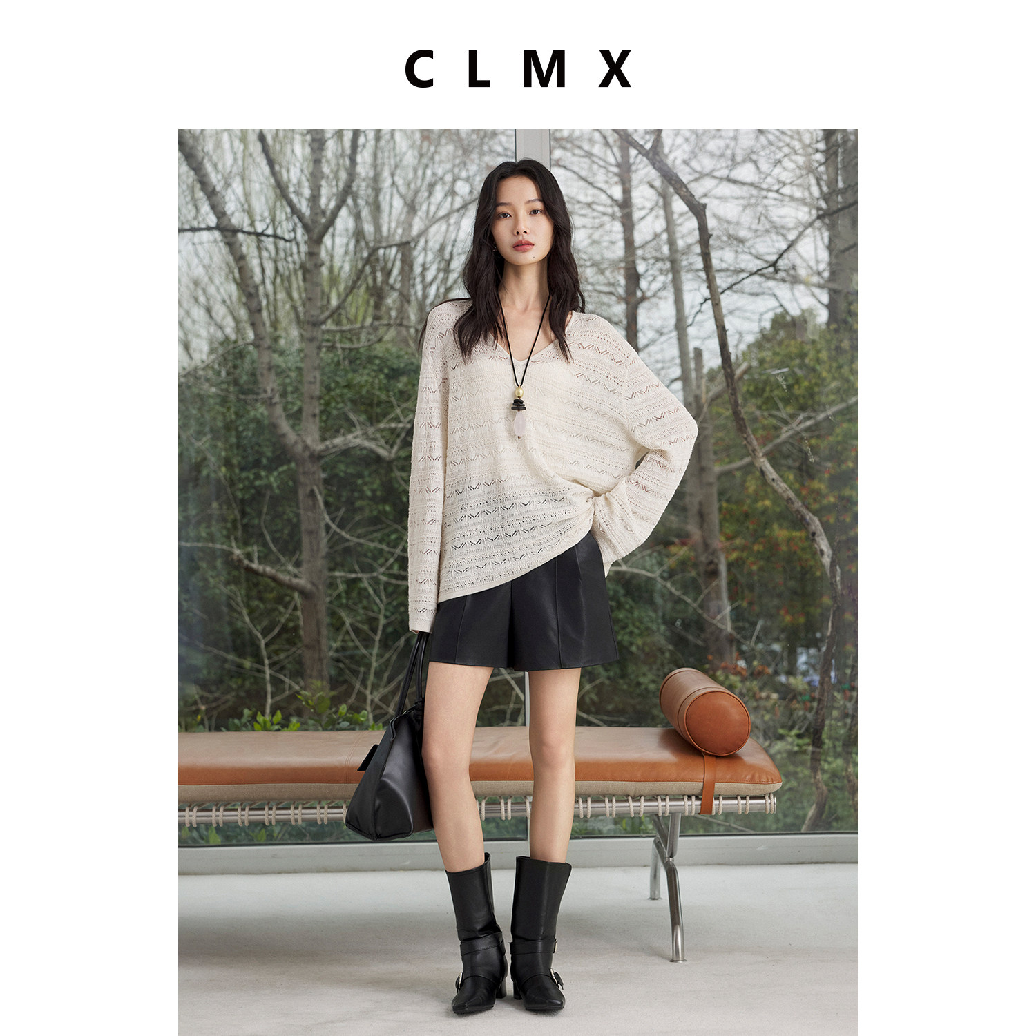 CLMX复古绵羊毛镂空V领落肩长袖针织衫女春季慵懒百搭宽松上衣