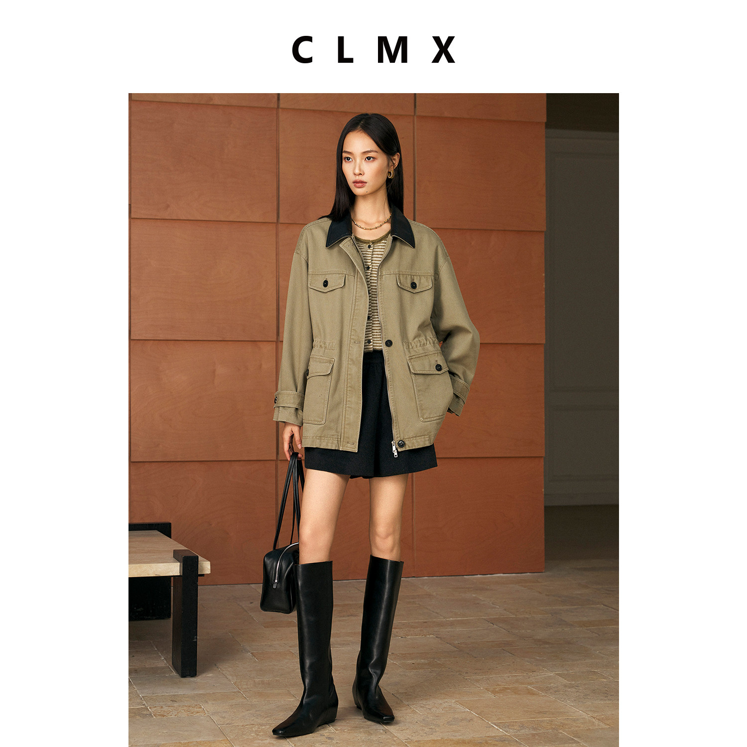 CLMX巴恩风拼PU皮翻领工装夹克