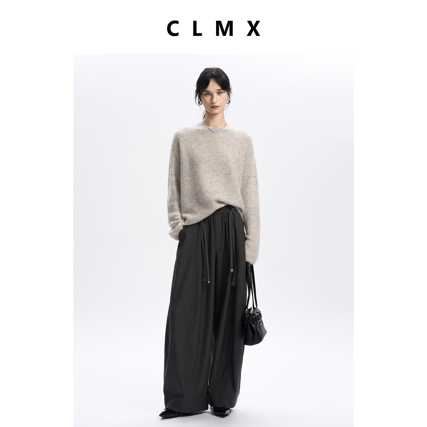 CLMX时髦香风星闪浅宽条纹圆领针织衫马海毛混纺纱面料休闲毛衣女
