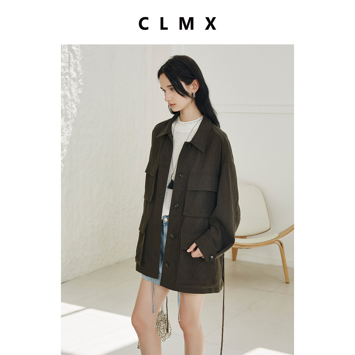 CLMX天然十字纹肌理苎麻莱赛尔混纺纱 工装风翻领廓形抽绳外套,女装/女士精品,短外套,淘宝优惠券,粉丝福利购,淘宝优惠卷