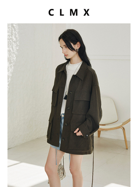 CLMX天然十字纹肌理苎麻莱赛尔混纺纱 工装风翻领廓形抽绳外套