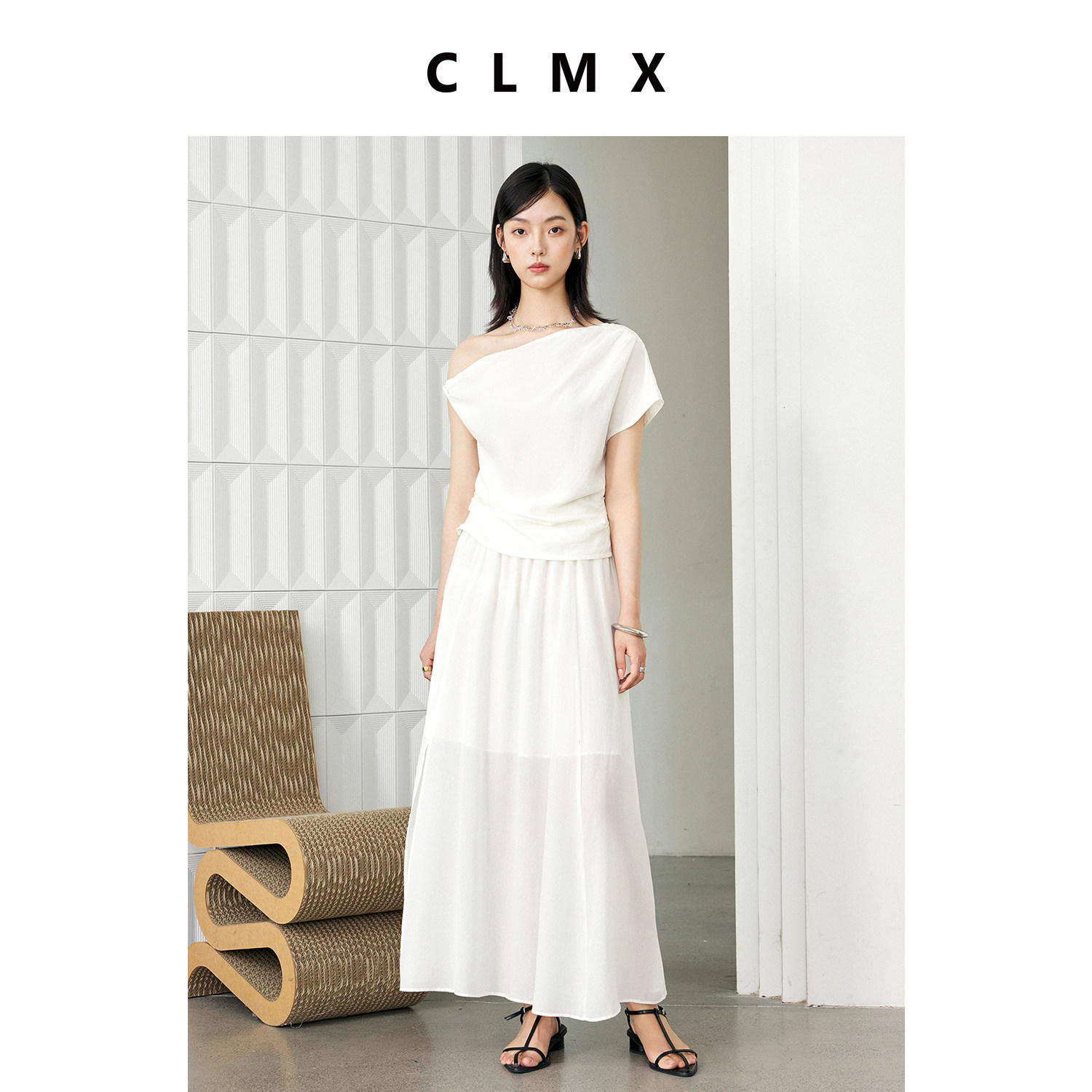 CLMX莱赛尔斜肩短款上衣套装