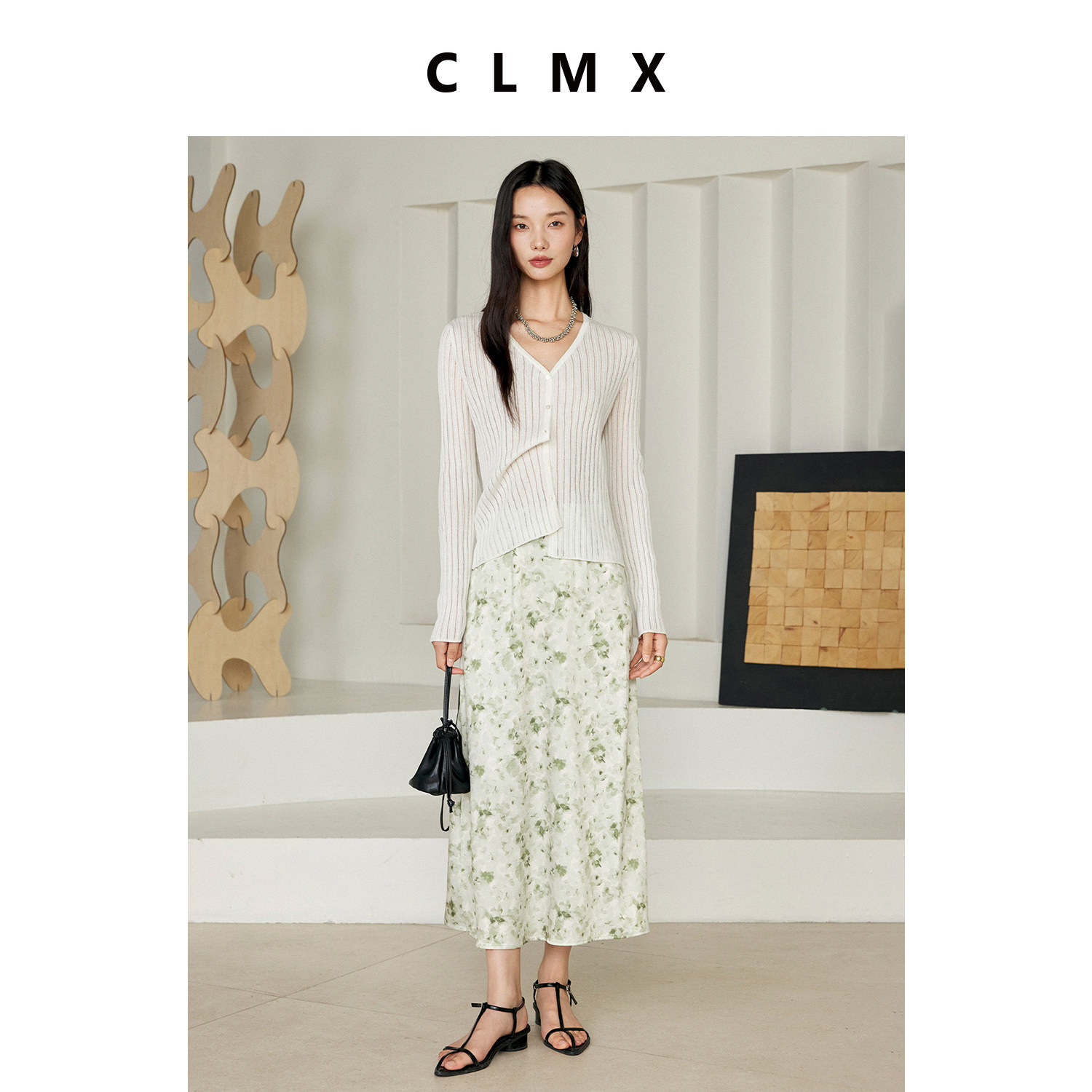 CLMX桑蚕丝V领夏季女针织开衫