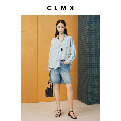CLMX亚麻条纹收腰长袖衬衫女