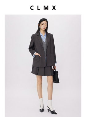 CLMX挺阔有型混纺斜纹西装面料知识分子风撞色边西装百褶短裙套装