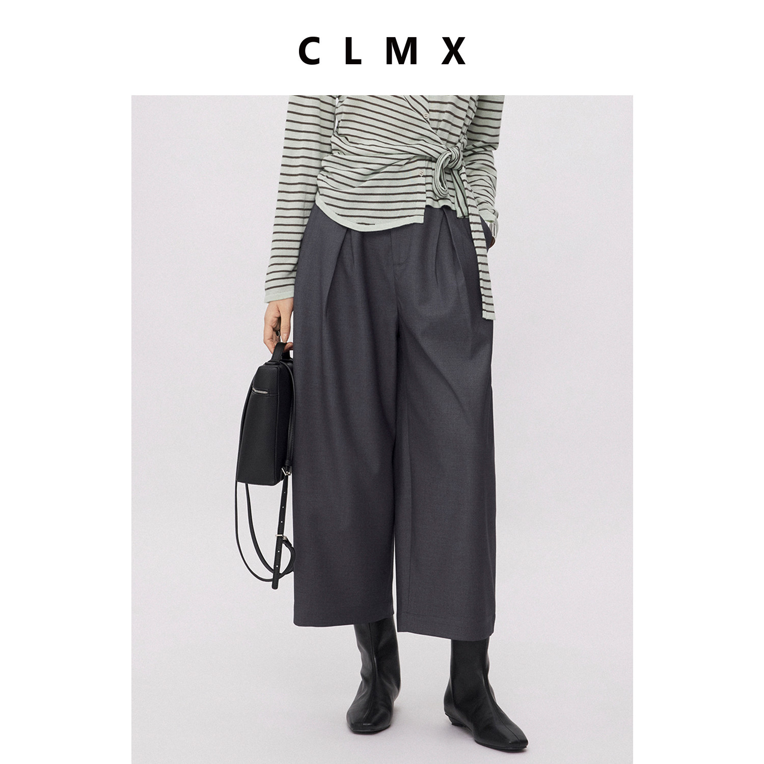 CLMX挺阔有型微羊毛粘纤混纺斜纹面料连腰压褶宽松窄脚九分萝卜裤