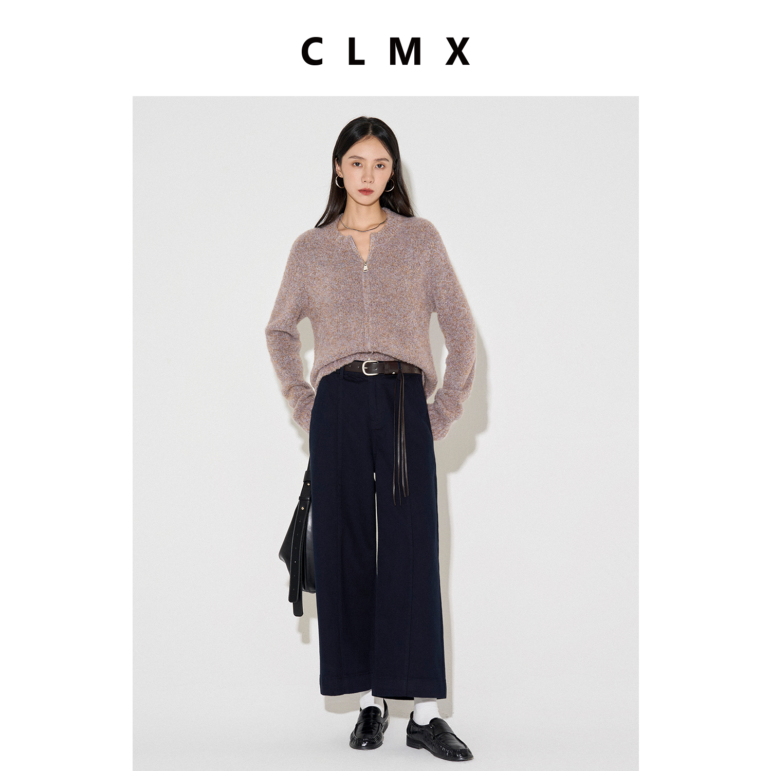 CLMX造型流苏直筒九分裤水洗粗斜纹棉面料秋冬通勤裤子女赠腰带