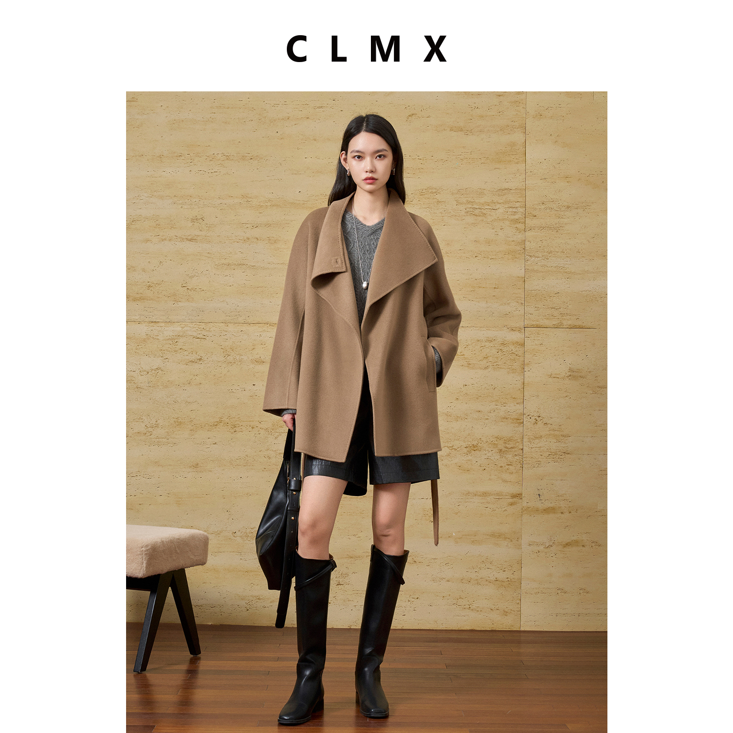 CLMX松弛一字荡领大衣羊毛羊绒混纺双面细织秋冬中长款通勤外套女