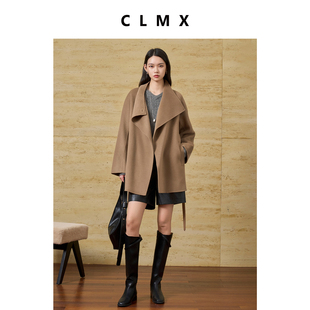 CLMX松弛一字荡领大衣羊毛羊绒混纺双面细织秋冬中长款通勤外套女